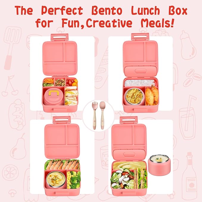 Bento Lunch Box for Kids With 8oz Soup Thermo,Leak-proof Lunch Containers with 5 Compartment,Thermo Food Jar and Lunch Bag, Food Containers for School (A-Pink（Unicorn - Mermaid）)