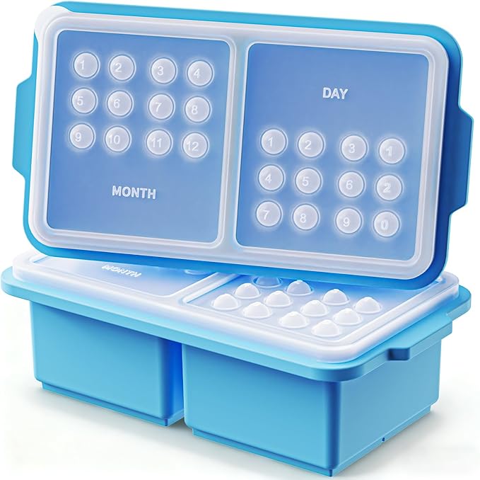2 Cup Silicone Freezer Tray Ice Cubes with Lids and Date Mark for Storing Lasagna Leftovers Sauces Portioned Meals and More, Silicone Soup Freezer Molds for Meal Prepping 2 Pack Blue