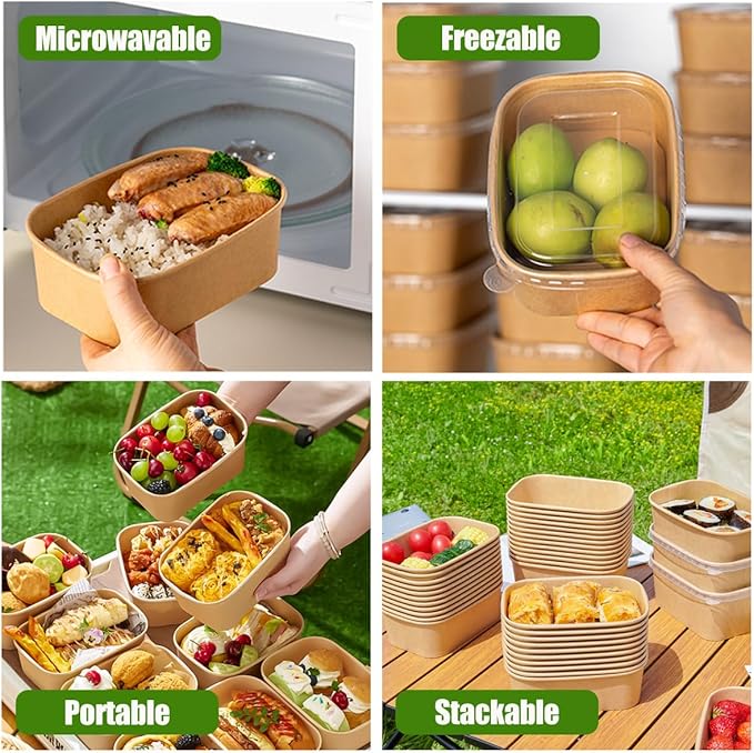 50-Pack 29oz Disposable Kraft Paper Bowls 【with Lids and Forks】Rectangle Cardboard Meal PrepContainers,Paper Leakproof Food Containers,Soup Serving Bowl for Hot/Cold Food-Microwave Safe (29oz 50Count)