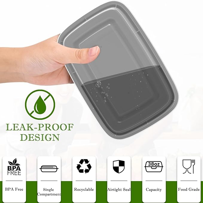 Meal Prep Containers Reusable 38oz - Food Prep Containers with Lids 50 Pack, Disposable To Go Food Containers, Leakproof, Stackable, Takeout, BPA-Free, Microwave/Freezer Safe