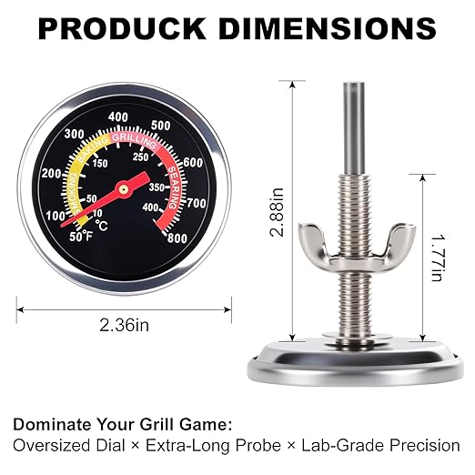 BBQ Thermometer 2-3/8" Oversized Dial, 50-800°F Smoker Thermometer Weatherproof with Easy Read Numbers - Grill Temp Gauge for Charcoal Grill & Meat Smoking Kit Includes Mounting Hardware