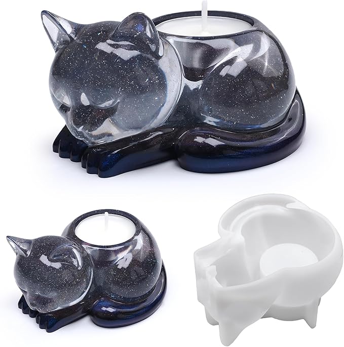 Cat Candle Holder Animal Cylinder Candle & Resin Mold - Resin Casting Silicone Molds for Home Decor & Candle Making Wave Spiral Mold