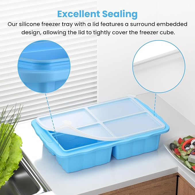 Silicone Freezer Tray With Lid, Silicone Freezing molds, Ice Cube Tray For Food, Release Soup Freezer Molds for freezing food, Soup, and Leftovers-Makes 4 Perfect 1 Cup- 3 Pack.