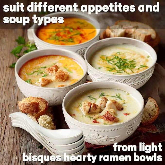 Artena Soup Bowls 32 OZ, Cereal Bowls Set of 4, White Embossment Ceramic Ramen Bowl for Salad, Dinner, Pho, Noodle, Pasta, Snacks, Dishwasher Microwave Safe, 6.3 Inch, Pinwheel Flower