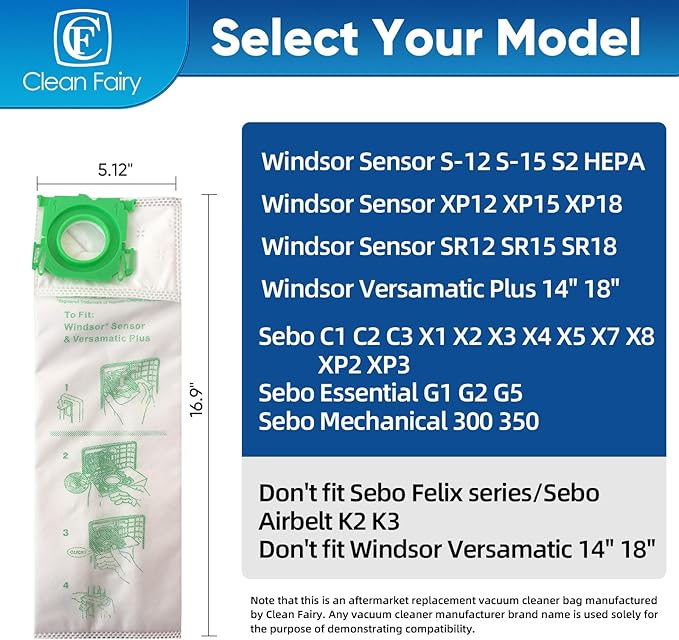 CF Clean Fairy 12Pack Micro Synthetic Cloth Bags Compatible With Sebo C G & X series & Windsor Sensor S12 S15 XP12 XP15 XP18 SR12 SR15 SR18 Versamatic Plus Replacement for 5093AM Vacuum Filter Bags