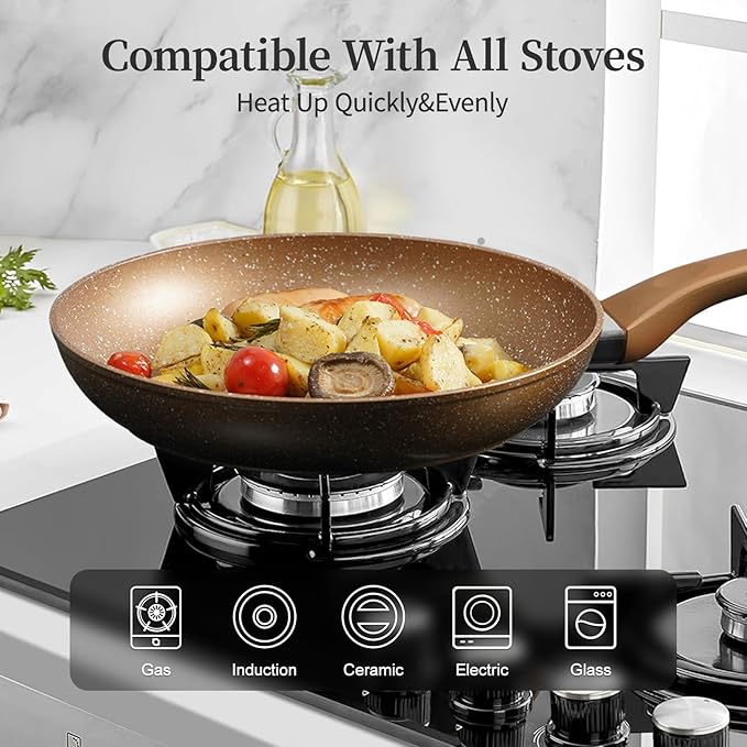 Innwewell Non Stick Frying Pan - Granite Stone Non Stick Skillet, Safe&No Toxic Pans for Cooking, Large Nonstick Cookware Chef's Pan, Induction Compatible, PFOA Free(11inch, Gold)