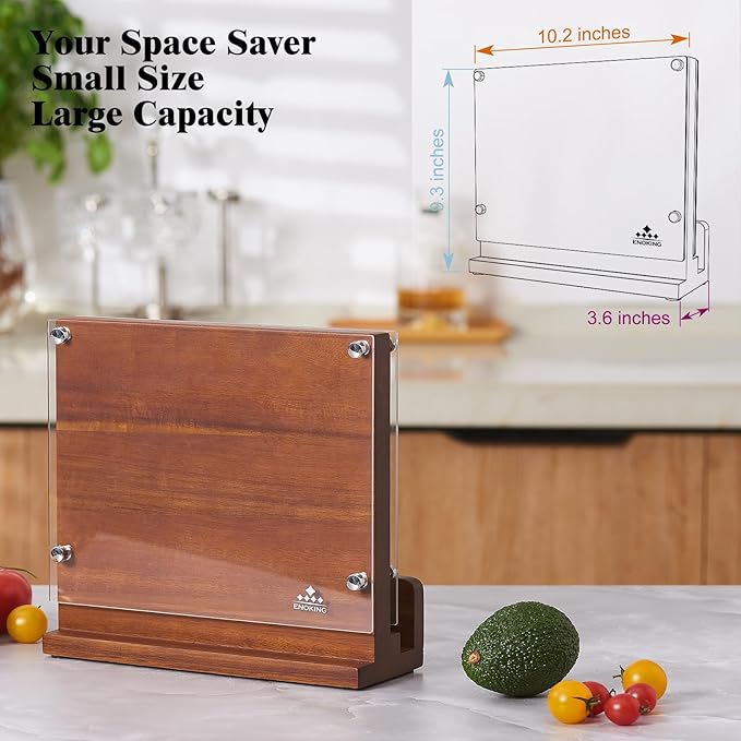 ENOKING Magnetic Knife Block with Acrylic Shield, Double Side Kitchen Knife Holder without Knives- Acacia Wood Universal Knife Storage Organizer with Powerful Magnet for Kitchen Counter