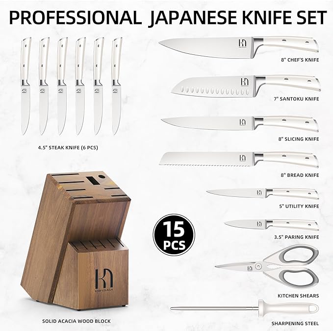 Knife Set, Premium 15 Piece Japanese High Carbon Stainless Steel Knives Set for Kitchen with Block and Sharpener, Razor Sharp Kitchen Knife Block Sets with Ergonomic Full-tang Handle, White