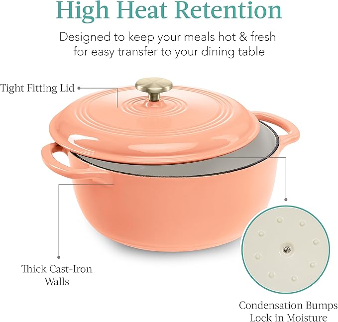Best Choice Products 7.5 Quart Enamel Cast-Iron Round Dutch Oven, Family Style Heavy-Duty Pre-Seasoned Cookware for Home, Kitchen, Dining Room, Oven Safe w/Lid, Dual Handles - Peach Sorbet