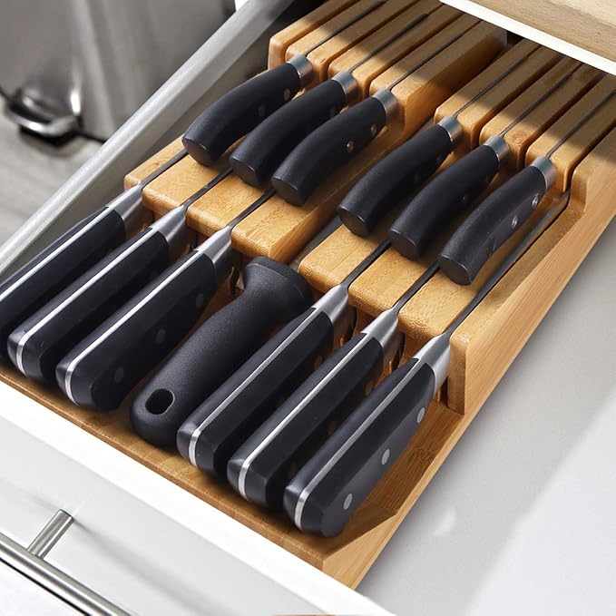 NIUXX Bamboo In-Drawer Knife Block Set for 12 Knives(Not Included), Large Kitchen Detachable Washable Cutlery Slot Organizer Storage Holder for Sharpening Steel and Cutter