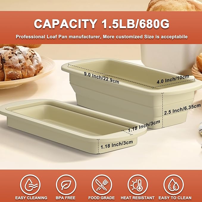 Premium Non-Stick Silicone Bread Loaf Pan with Heavy-Duty Steel Frame,Silicone Baking Mold – Perfect for Pound Cakes, Breads (9"x4"x2.5", Beige, 1 Piece)