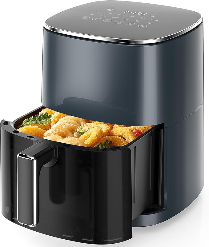 Sweetcrispy Air Fryer 6QT with Window, Square Airfryer Oven 12-in-1 for Family, 400°F Rapid Air Crispy Technology, Roast Bake Dehydrate, Nonstick & Easy-Clean Basket,Grey