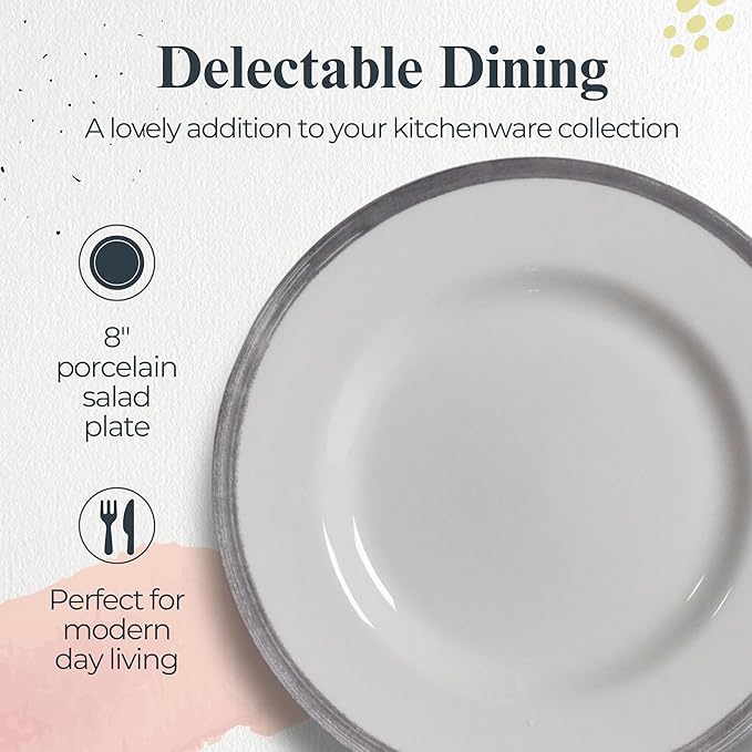 Portmeirion Potter's Brushstroke 8" Dinner Plate (Set of 4) - Handcrafted Earthenware Plates with Accent Rim, Microwave & Dishwasher Safe - Ideal Tableware for Modern & Traditional Dining (Grey)
