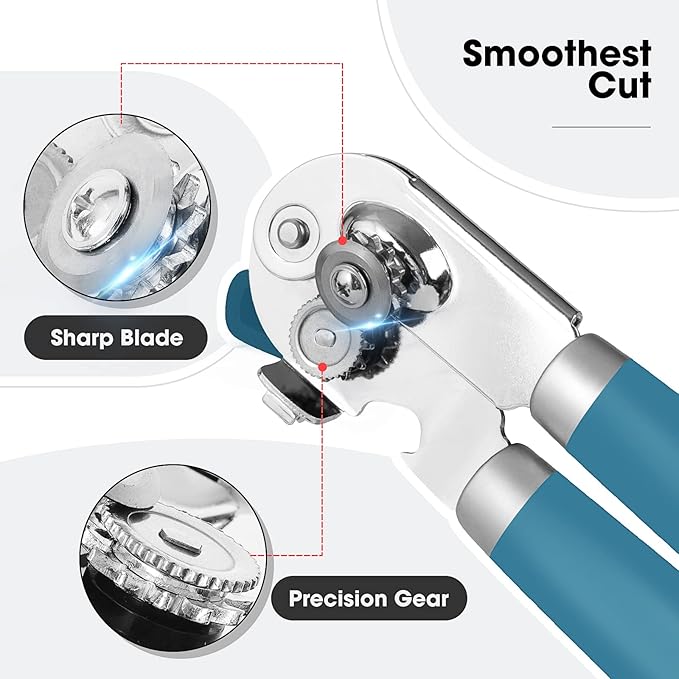 Beneno Heavy Duty Hand Can Opener Manual with Magnet, Durable Sharp Carbon Steel Blade Smooth Cutting, Big Effort-Saving Knob & Soft Grip Handle, Multifunctional Kitchen Tool with Bottle Opener, Aqua