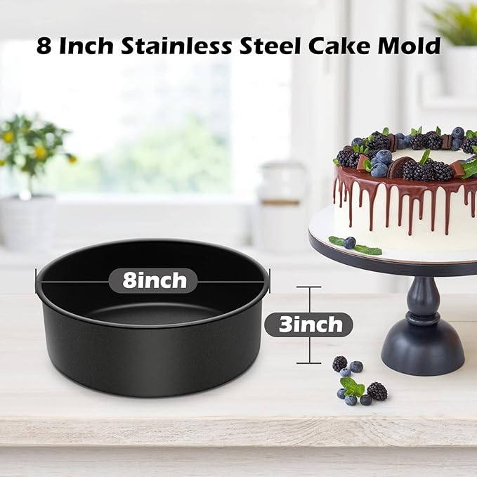 LIANYU 8 Inch Cake Pans Set for Baking, Round Cake Mold of 3, Nonstick Stainless Steel Baking Pan Tin, Non-toxic Coating, Straight Side & 3 Inch Deep, Sturdy & Rust Resistant