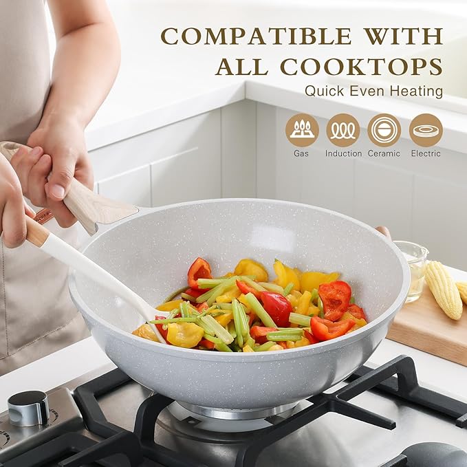 Kordisen Ceramic Wok Pan, 12 Inch Nonstick Wok with Lid, Healthy Non Toxic Woks & Stir-fry Pans for Cooking, Induction Cookware, PFOA & PFAS Free