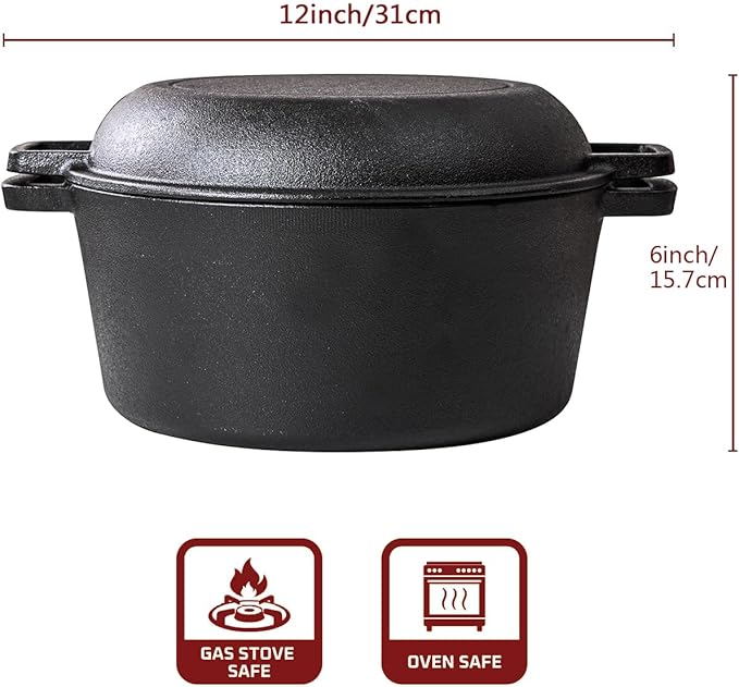 2-in-1 Pre-Seasoned Cast Iron Dutch Oven with Skillet Lid, 10 In Cast Iron Pot & Pan Set for Baking Bread, Frying, Camping, BBQ, Indoor & Outdoor Use