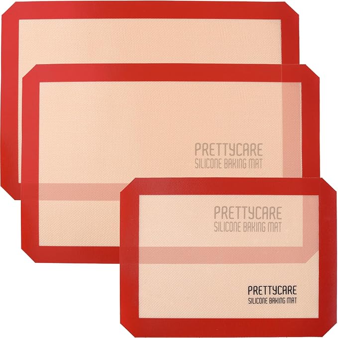 Silicone Baking Mat Set by PrettyCare (2 Half Sheet and 1 Quarter Sheet) Non Stick Cookie Baking Supplies for Bake Pans & Toaster Oven - Macaron/Pastry/Bun/Bread