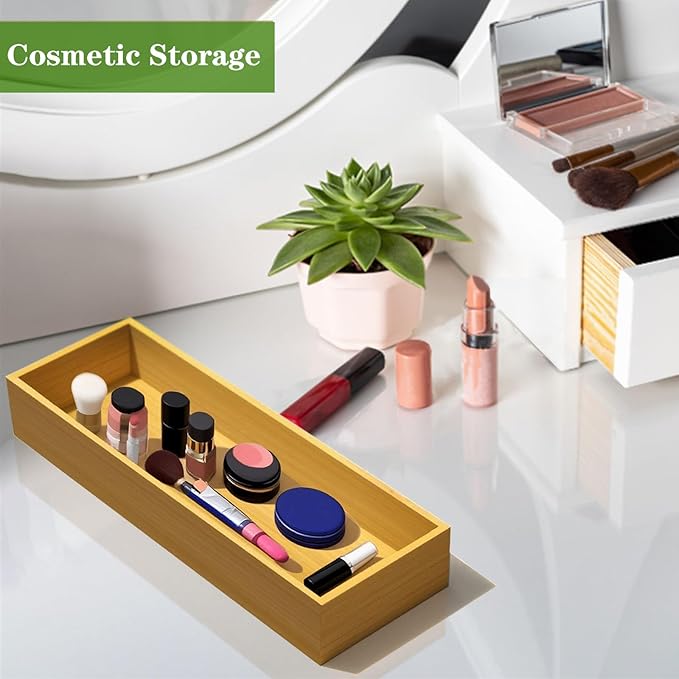 Bamboo Drawer Silverware Organizer, Flatware Organizer, Bamboo Storage Box for Office, Bathroom and other objects storage (large14.2 x5 x2 Small 9.85"x3.55"x1.78"- Set of 4)
