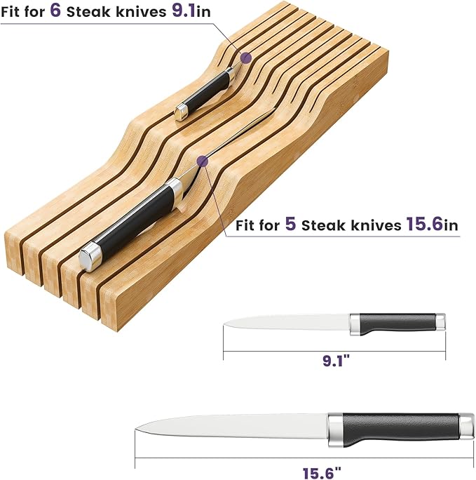 Bamboo In-Drawer Knife Block for 11 Knives(Not Included), Knife Drawer Organizer,Knife Holder Countertop,Block Knife Storage Organizer for Kitchen