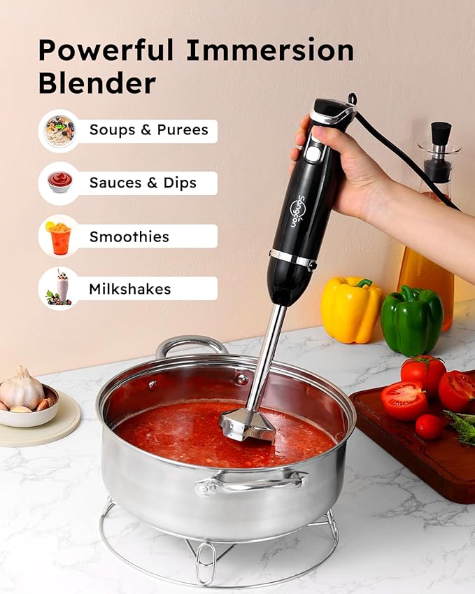 Sangcon 5-in-1 Immersion Blender Handheld, Hand Blender with 1000ml Blending Cup Storage Base, 2-Speed Adjustable Stick Blender, 304 Stainless Steel Blades, Detachable Blender, Whisk, Milk Frother