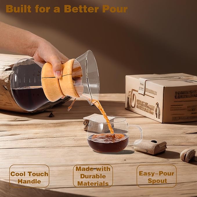 Pour Over Coffee Maker with Reusable Stainless Steel Drip Filter, Lead-Free Borosilicate Glass Coffee Carafe with Modern Wooden Collar for 1-2Cup, Circular Clear (400ml/13.5oz)