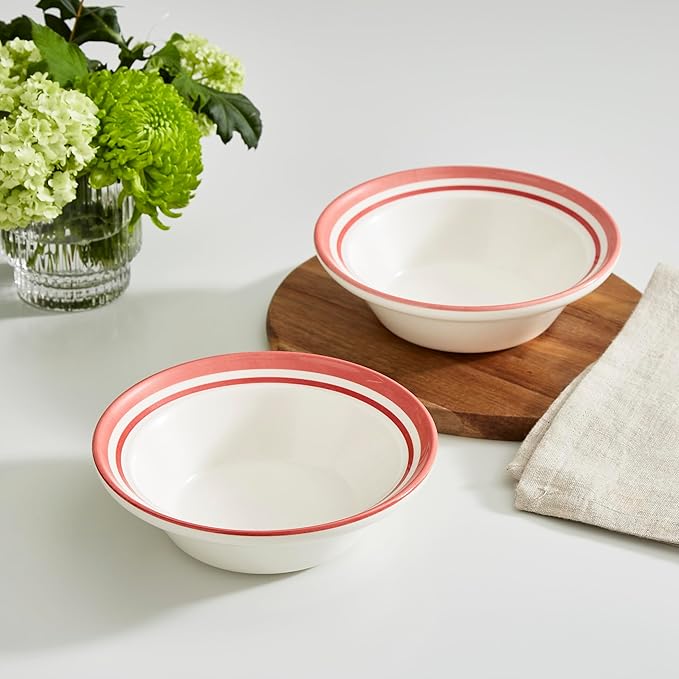 Portmeirion Potter’s Stripe Oatmeal Bowls (Set of 4) - Versatile Earthenware Bowls for Kitchen, Soups, Cereal & Desserts - Dishwasher & Microwave Safe - Made in UK Dinnerware Collection (Red Stripe)
