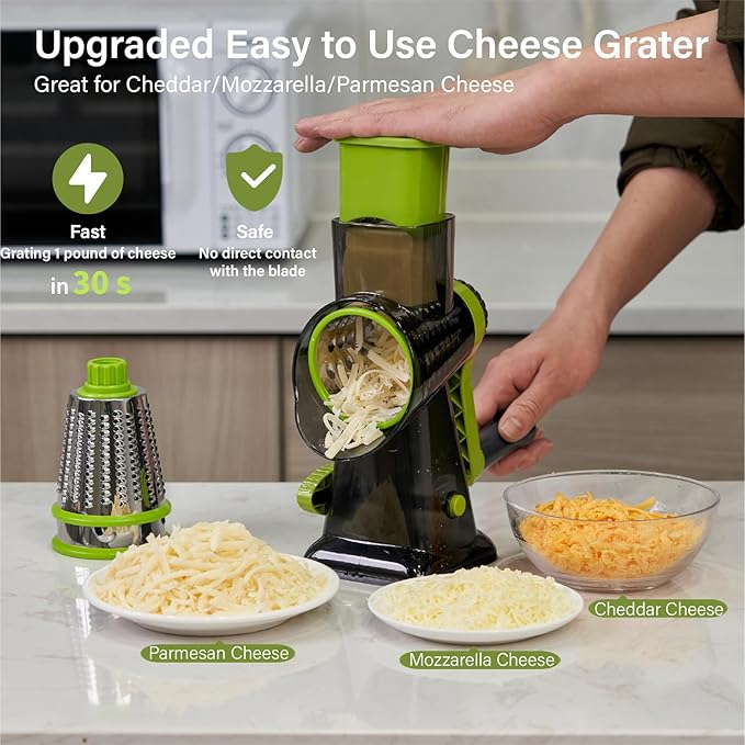 Rotary Cheese Grater hand crank, 3 Blades Cheese shredder with Stronger Suction Base | Stainless Steel Blades for Fruits, Vegetables, Nuts. Easy to Clean, Transparent Black & Green