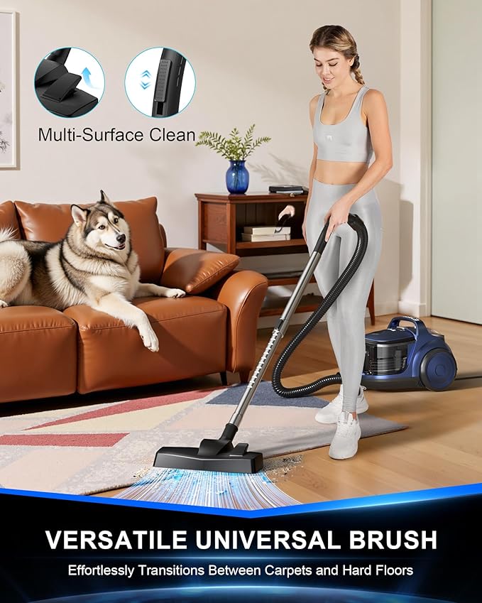 Bagless Canister Vacuum Cleaner,1600W Powerful High-Suction Bagless Canister Vac with 4.5QT Dust Cup,Pop-N-Go Brush,HEPA Filter,Dual Motors&4 Cleaning Tools,Perfect for Low-Pile Carpets&Hard Floors