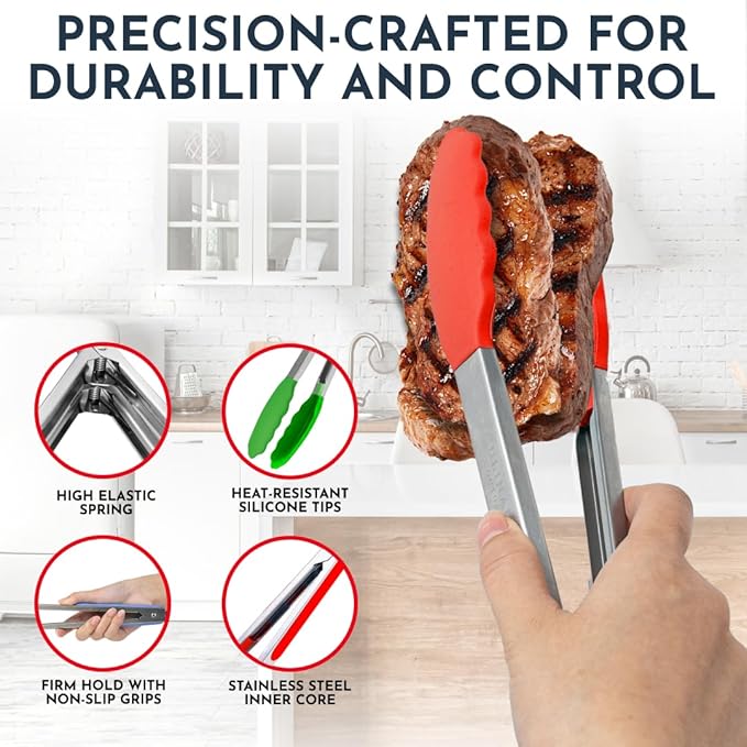 Kitchen Tongs for Cooking with Silicone Tips, Heat Resistant Tongs for Serving Food, 7-Inch, 9-Inch, 12-Inch Locking Silicone Tong, Set of 3 Salad Tong, Mulitcolor Kitchen Utensils