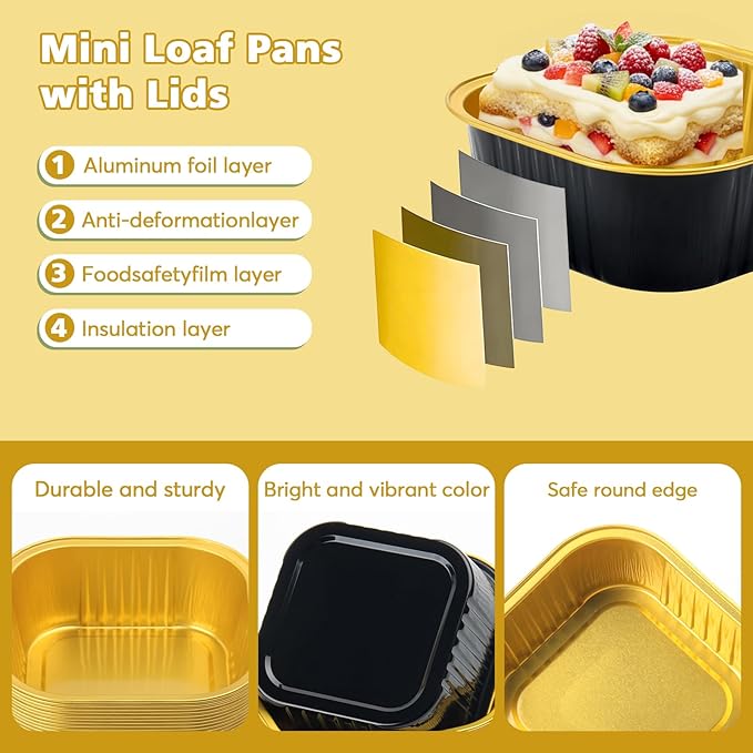 Ruckae 5oz 100 Pcs Square Mini Loaf Pans with Lids-Disposable Foil Dessert Containers,Mini Cake Pans with Lids,Aluminum Dessert Cups for Parties and Weddings (Black Gold, 5oz)