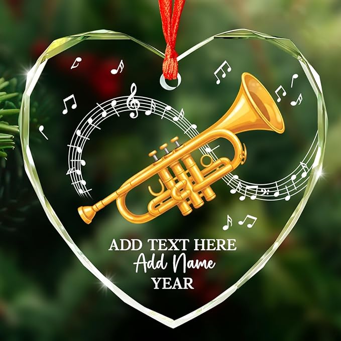 Personalized Text Name Year Trumpet Xmas Glass Ornaments, Trumpet Instrument Christmas Tree Ornament 2025, Trumpetist Christmas Ornament Gift for Men Women, Instrument Themed Xmas Decoration