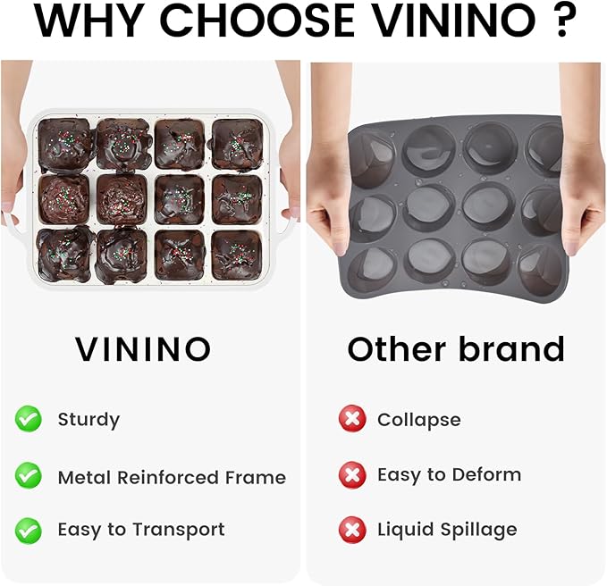 Vinino Silicone Brownie Pan With Dividers, 2 Pack Mini Loaf Pan for Baking Individual, Nonstick 12 Cups Square Muffin Cupcake Pans with Metal Reinforced Frame-Cream