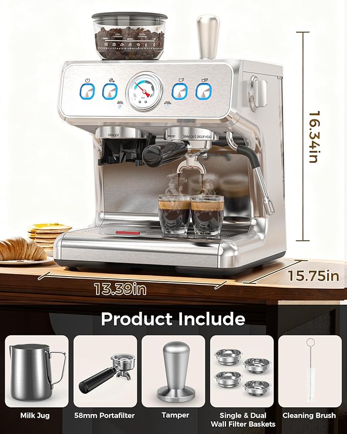 COWSAR 20 Bar Espresso Machine with Grinder & Milk Frother Steam Wand, 58mm Expresso Coffee machines, Commercial Stainless Steel Coffee Maker for Cappuccino and Latte, Perfect for Home and Café Use
