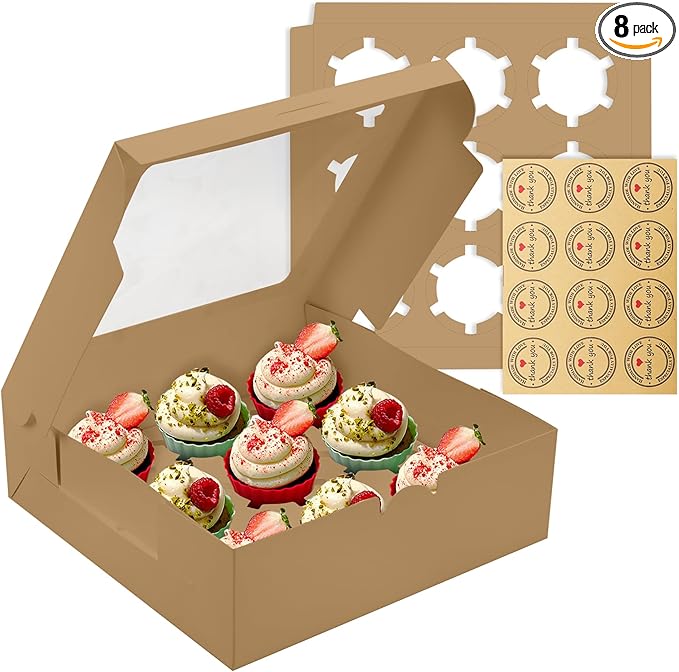 9-Count Cupcake Boxes with Window and Insert, 9x9x3 Inch, Brown, Suitable for Cupcakes, Muffins, and Cookies, 8 Pack