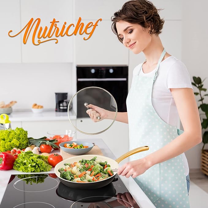 NutriChef 8” Small Fry Pan - Professional Home Cookware Small Skillet Nonstick Frying Pan with Golden Titanium Coated Silicone Handle, Ceramic Coating, Stain-Resistant And Easy To Clean