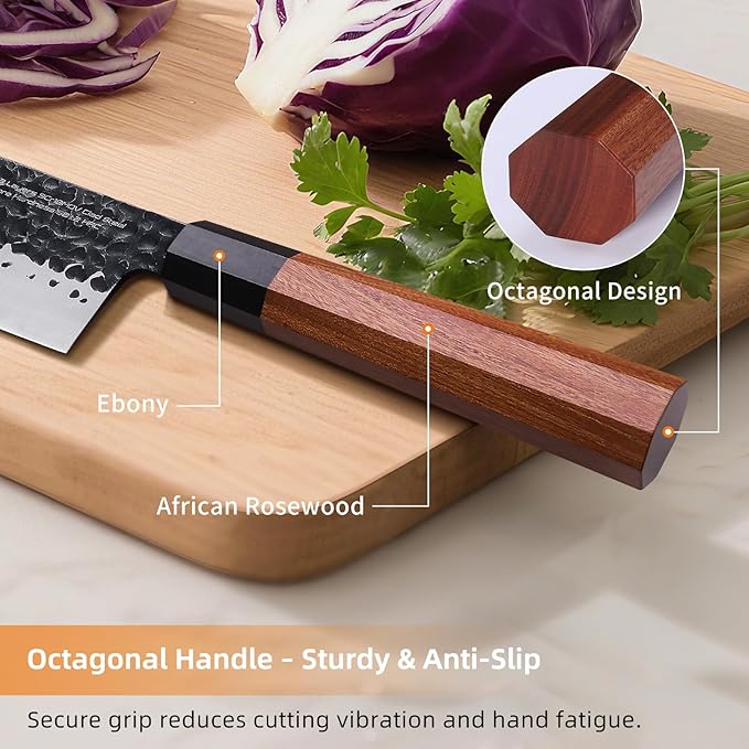 FINDKING Dynasty Series Serbian Chefs Knife with Leather Sheath, Heavy Duty Meat Cleaver, 9Cr18MoV High Carbon Steel Blade, African Rosewood Octagonal Handle, for Meat, Chicken Bones, 6.5 Inches