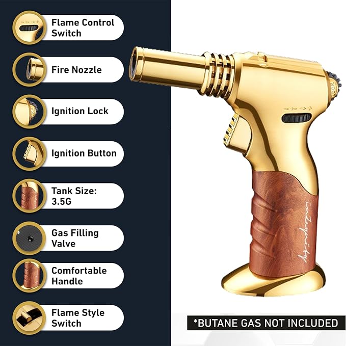 Dual Flame Butane Torch Gun – Refillable Handheld Mini Blow Torch for Cooking, Crème Brûlée, Welding, Soldering, Resin Art – Adjustable Flame & Ignition Lock–Limited Gold Brown by inZaynity
