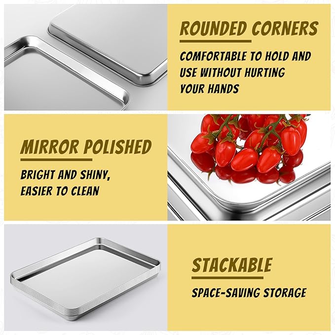Mimorou 6 Pcs Baking Sheet Set Stainless Steel Cookie Sheet Cookie Baking Pan Bakeware Oven Tray Dishwasher Safe Commercial Grade Pans(20x14x1.2 Inch)