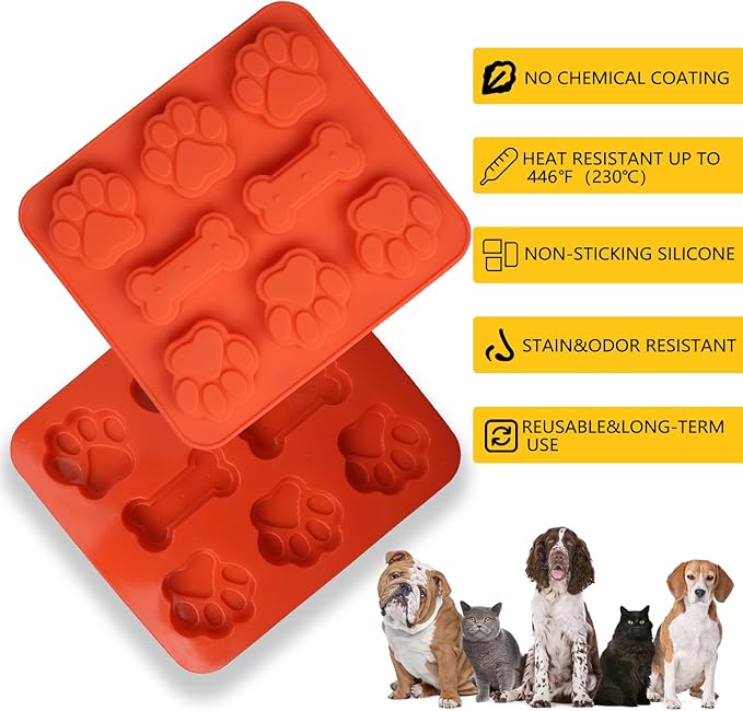 2 Pack Puppy Dog Paw and Bone Shaped 2 in 1 Silicone Molds, Reusable Non-Stick Ice Cube Trays & Candy Chocolate Molds for Homemade Dog Treats, Pudding & Baking Biscuit(Red Purple)