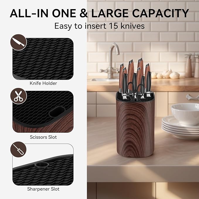 Ninonly Knife Block Without Knives 3 in 1 Universal Square Knife Holder Without Knives with Scissors Slot and Sharpening Rod Detachable Kitchen Knife Holder for Easy Cleaning Space Saver Brown