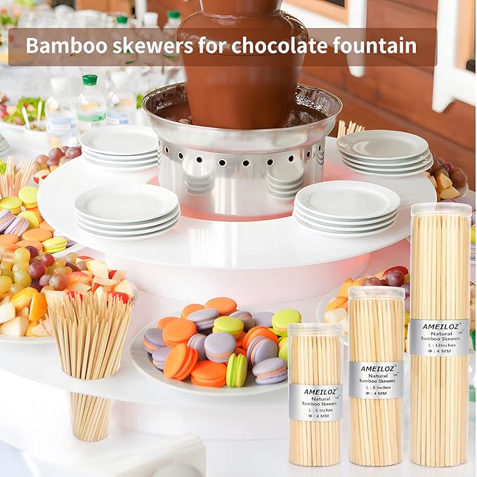 10" Barbecue Skewers, Bamboo Wooden Kabob Skewers for Appetizer, Fruit, Sausage, Chocolate Fountain, Kebob Skewer Stick, Organic Wood Food Sticks for BBQ Grilling, Kitchen (Φ=4mm Thick, 100PCS)