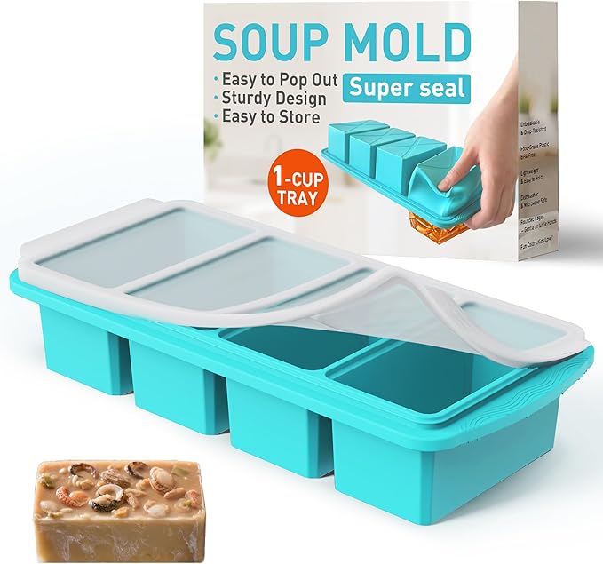 Silicone Freezer Tray with Lid Soup Freezer Container Molds with Steel Reinforced Rim Ice Cube Freezer Molds Large Ice Cube Tray Silicone Freezer Container Freeze & Store Soup Sauce Broth Leftovers