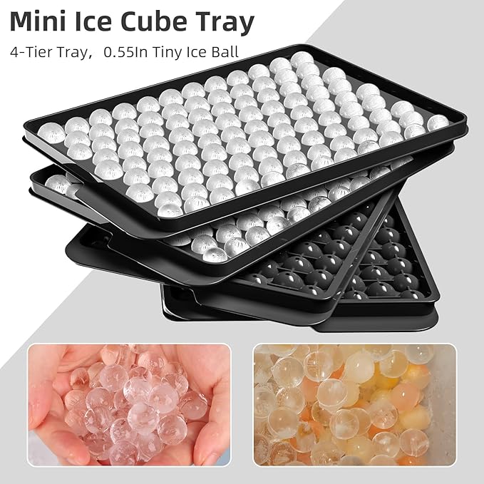 WIBIMEN Mini Ice Cube Trays, Small Tiny Round Pebble Crushed Nugget Ice Trays for Freezer with Lid - Chilling Drinks Coffee Juice(4 Pack/0.55In - Black)