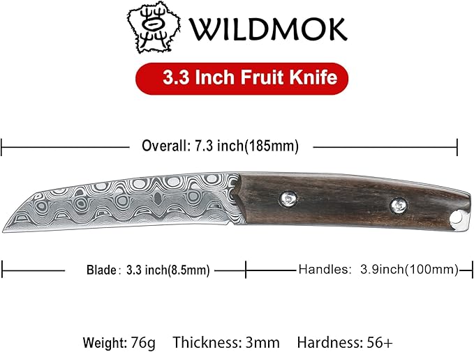 WILDMOK Paring knives Stainless Steel 3.2 Inch Utility Knife Full Tang Fruit Vegetable Cutting Carving Kitchen Knife with Leather Case (A)