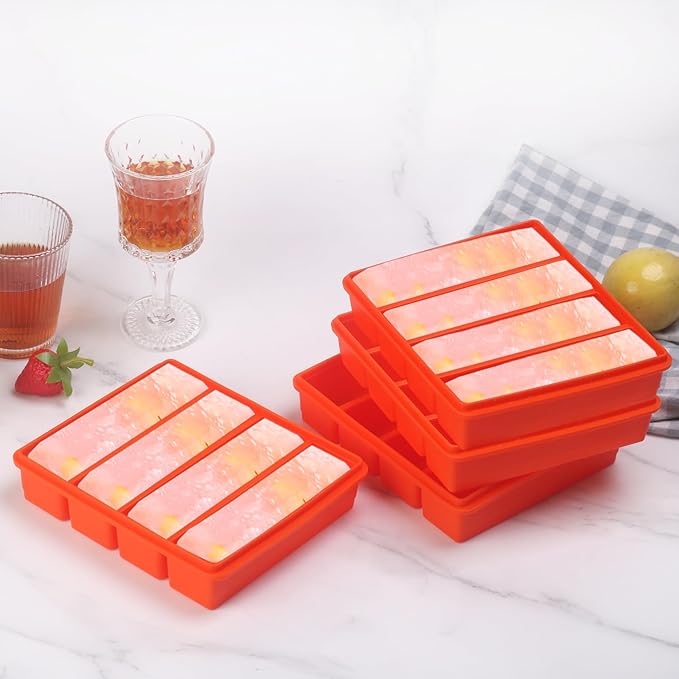 Large and Long Ice Cube Tray 4 Pack Silicone Freezing Container Sticks with Lid for Whiskey, Water Bottle, Food Leftovers and Baking (4 Pack Orange)