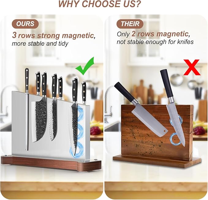 Magnetic Knife Block Without Knives Large Double Side Magnetic Knife Holder Stand with Strong Magnet, Stainless Steel Knife Storage Organizer for Kitchen Counter Knife Rack Three Magnet Strip