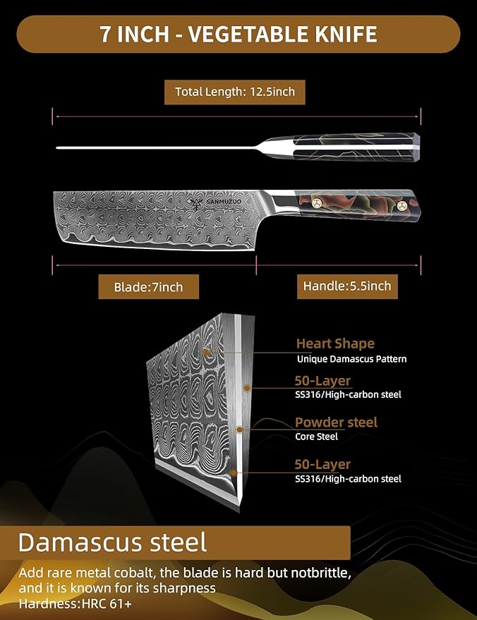 Kitchen Nakiri Knife 7 Inch, Professional Kitchen Chef Knife, Ultra Sharp Damascus Powder Steel with Full-tang Resin Handle, Bi Series