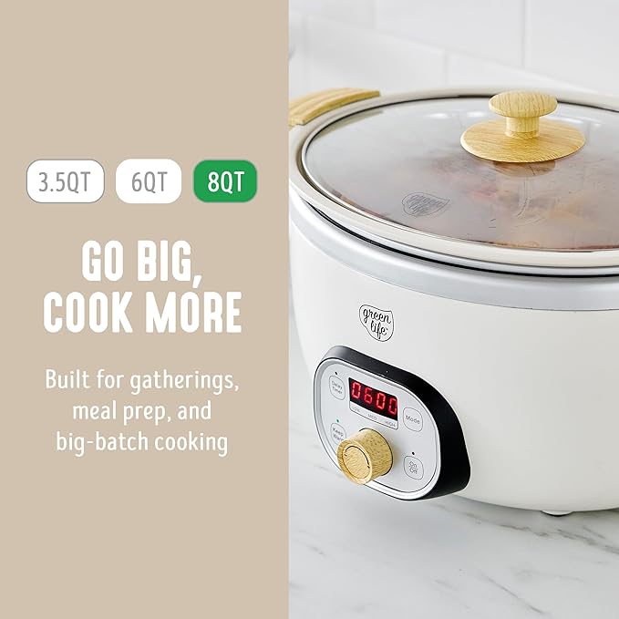 GreenLife 8QT Slow Cooker, Non-Toxic PFAS-Free Ceramic Nonstick Removable Interior Bowl, Programmable, Family Friendly, Keep Warm, Stovetop & Oven Safe, Dishwasher Safe Parts, Timer, Glass Lid, Cream