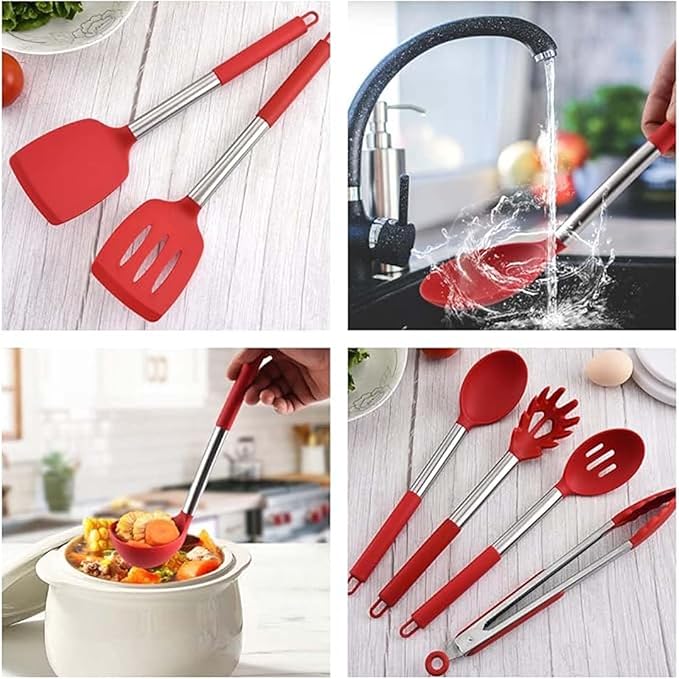 Kitchen Utensils Set, 14 Pcs Silicone Cooking Utensils Set with Holder and Heat Resistant Stainless Steel Handle for Nonstick Cookware - Black